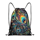 Rucksack, Lebhafte Boho-Pfauenfeder Stoffbeutel mit Kordelzug Verstellbar Zuziehbeutel für Kinder Urlaub Damen 36X42cm
