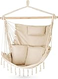 Outtec Hängesessel mit Kissen 100x130x75cm – bis 150 kg - Outdoor Sessel mit Kissen - Sitzsack zum Hängen Schaukel Für Garten und Zimmer – Boho – Fransen Brasilianischer Stuhl - Beige