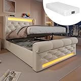 DUlVBPE Modernes Polsterbett Einzelbett 90x200cm, Polsterbett mit LED-Leuchten,Stauraum-Kopfteil mit USB- und Typ-C-Anschlüssen, Hydraulisches Stauraumbett, Beige, Samt(Mit Matratze)