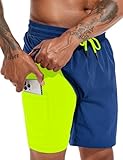 Atforna Badehose Herren Kurz Badeshorts mit Kompressionsliner 2 in 1 Board Shorts Schnelltrocknend Männer Strand Surfen Strandhose mit Reißverschlusstasche Kobaltblau M