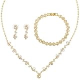 Yolev 3 Teiliges Kristall Brautschmuck Set Damen Schmuckset Strass Kristall Halskette Armband Tropfen Ohrringe Glänzendes Armband Hochzeit Braut Brautjungfer Schmuck Silber Gold(Gold)