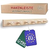 LouMaxx Garderobenleiste Holz aus Kiefer mit 6 Holzhaken – Hakenleiste Holz für Kinderzimmer – Garderobenleiste Kinder – unbehandelt, FSC zertifiziert, Made in EU