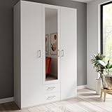 Forte ECONOBOX 2 Kleiderschrank 130 135, 3-türiger Drehtürenschrank mit Spiegel und 2 Schubladen, Holzwerkstoff, Weiß, 133,2 cm breit, 210,5 cm hoch, 54,2 cm tief