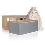 LARS NYSØM Brotkasten I Brotbox aus Metall mit Brotsack aus Leinen für langanhaltende Frische I Brotdose mit hochwertigem Bambusdeckel verwendbar als Schneidebrett I 34x18,5x13,5cm (Ash Gray)