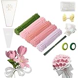 FINEVERNEK Rosa Tulip Blumenstrauß Pfeifenreiniger Set, 250 Stück Pfeifenputzer zum basteln Blumen(5 Farben), mit 20 Stück Grün Basteldraht, Bänder, Perlen für Blumenstrauß DIY Basteln