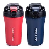 XIAPIA Thermobecher Kaffeebecher To Go 400ml 2er Set, Edelstahl Auslaufsicher Reisebecher mit Strohhalm, Doppelwandig Isolierbecher für Kaffee Tee Glühwein, Heiß und Kalt, Rot & Blau