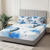 Weiß Spannbettlaken Set 160 x 200 cm, Eleganter Heißluftballon Bedrucktes Weiches Spannbetttüche, Microfaser Atmungsaktiv Bettwäsche Tiefe Tasche 30 cm mit 2 Kissenbezügen