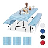 Relaxdays Bierzeltgarnitur Auflage, 3er Set, bayrisch, Biertisch Tischdecke 250x100cm, 2 Bierbankauflagen, weiß-blau