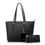 Handtasche Damen Set Schwarz Tasche Mit Geldbörse für Büro Schule Einkauf Handtasche Damen Groß Mit Quasten Damen und Pelz Kugel Plüsch Schlüsselring