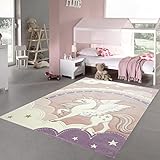 Teppich-Traum Kinderzimmer Spielteppich • allergikerfreundlich • Einhorn Regenbogen Wolken Creme rosa, Größe 140x200 cm