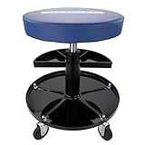 HASKYY Werkstatthocker Werkstattstuhl Arbeitshocker BLAU Stuhl Sitz mit 5 Rollen 2 Ablagen 410-540mm höhenverstellbar Werkstattsitz Rollhocker