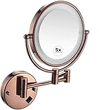 Wandmontierter Badezimmerspiegel, Rasierspiegel, Make-up, Wandmontage, LED-beleuchteter Spiegel, 5-fache Vergrößerung, ausziehbar, doppelseitig, 360° drehbar, für Hotel, Roségold