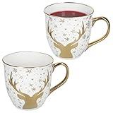 MamboCat 2er Set Jumbobecher mit Goldrand Hirsch I 450 ml I Porzellan Tassen weiß & gold I Winterliches Becher-Set für 2 Personen I für Kaffee, Tee, Glühwein & andere Heißgetränke