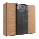 Geräumiger Schwebetürenschrank Kleiderschrank 3-türig B225/H208/T64 cm in Eichendekor, mittlere Tür mit Glasfront in Grau, inkl. einer Kleiderstange, 4 Einlegeböden und 2 Stoffboxen / 22524