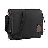 Leathario Umhängetasche Herren, Messenger Bag aus Echtleder und Canvas, Arbeitstasche Studententasche Laptoptasche 14-15,6 Zoll Schultertasche Kuriertasche Collegetasche Uni Studenten，Arbeit Schwarz