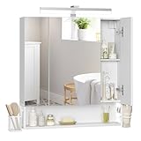 VASAGLE Badezimmerschrank mit LED-Beleuchtung, 16,5 x 70 x 75 cm, Steckdosen, Hängekorb, Haartrockner-Halter, Spiegelschrank, Badschrank, Wandschrank, für Badezimmer, wolkenweiß BBK126W01