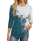 BIISDOST Rippshirt Damen Langarm Gestreift Longshirt Damen 3/4 Arm Baumwolle Sweatshirts LäSsige Langarmshirts Mit Floralem Langarmoberteile Feinem Drop Neck Seidenbluse Slim Fit Retro