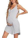 Aseniza Stillnachthemd Damen Ärmellos Baumwolle Umstandsnachthemd Knopfleiste V-Ausschnitt Umstandskleid Sommer Nachthemd zum Stillen