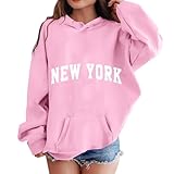 XIAOYUER New York Hoodie Teenager Mädchen Sweatshirt mit Kapuze Buchstabenmuster Kapuzenpullover Oversized Pullover Locker Casual Y2K Top Elegante Oberteile Lässig Basic Longshirt