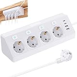 GOEDCH 4 Fach Mehrfachsteckdose: 8 in 1 Steckdosenleiste Überspannungsschutz mit Schalter, 2M Kabel, Ecksteckdose mit 2 USB und 2 Type Schreibtisch Steckdose für Steckdose für Büro, Hause, Reisen