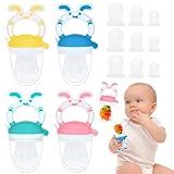 Fruchtsauger Set mit 4 Stücke Fresh Fruit Schnuller 9 Ersatzschnuller, Schnuller Beißring Training Spielzeug, Silikon Obstschnuller Schmerzlindernder Beißring, für Obst Gemüse Brei Beikost