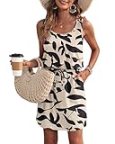 WNEEDU Sommerkleid Damen Ärmellose Strandkleid Damen U-Ausschnitt KordelzugKleid Luftiges Kleid Damen Sommer mit Taschen Aprikosen Schwarz Blatt M