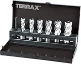 TERRAX Kernbohrer-Satz HSS mit Weldonschaft (3/4') Schnitttiefe 30,0 mm in Industriekassette, Beinhaltet 6 Kernbohrer und ein Auswerferstift, 7-teilig