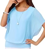 Neineiwu Oberteil Damen Elegant Batwing Bluse Kurzarm Tunika Blumen Rundkragen Chiffon Seidenbluse, Hellblau, L