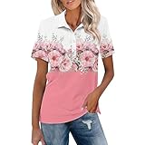 Poloshirts für Damen, Knopfleiste, kurzärmelig, V-Ausschnitt, Vintage-Stil, Blumendruck, Sommer, lockere Bluse, Z03-Pink, L