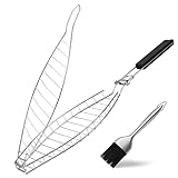 penobon Fisch Grillhalter mit Ölbürste, Fischzange zum Grillen, Fischgrillgitter aus Edelstahl mit Abnehmbarem Griff für Grillfische, Steak, Fischfilets
