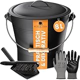 BLACK OAK Ascheeimer LANIN 8L - Asche-Eimer schwarz mit Deckel & Holz-Griff HELL + Feger + Schaufel & Handschuhe - 8 L groß Stahl feuerfest verzinkt & pulverbeschichtet für Asche Kohle Pellets