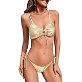 Durio Bikini Damen Set Triangel Badeanzug Zweiteiliger Bademode Push Up Bikini Damen Set Super sexy Badeanzüge für Partys Champagner-Gold S