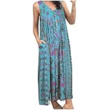 Jumpsuit für Damen, Blumendruck, ländlicher Stil, Bohemia-Strampler, Rundhalsausschnitt, ärmellos, weites Bein, Palazzo-Hose, Caprihose, Tasche, Strand, Urlaub, Reisen 2025, 1 x Blau, S