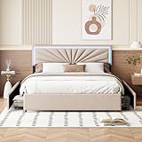 KOOPMAD Polsterbett, 160 x 200 cm, Doppelbett mit 4 geräumigen Schubladen, Kopfteil mit LED-Lichtern, einfache Montage, Betten und Bettgestell für Erwachsene, ohne Matratze, Leinen, Beige
