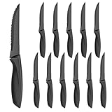 Skynzor Steakmesser Set 12 Teilig, Frühstücksmesser Scharfe, Brötchenmesser Spülmaschinenfest, Tomatenmesser Rostfreier Stahl, Messer Wellenschliff Besteck, Tafelmesser Scharf(Schwarz)