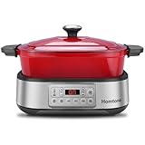 Homtone Slow Cooker Schongarer 6-in-1, 5,5L Multikocher Programmierbarer Abnehmbarer Emaille-Schmortopf, Keramik-Antihaftbeschichtung, Langsames Garen, Anbraten, Dämpfen mit Dampfgarrost, Rot