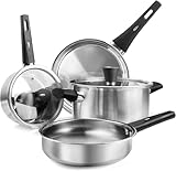 Induktions Töpfe Set mit Deckel, 6-teiliges Kochgeschirr Topfset und Pfannen Set aus Edelstahl Kochgeschirr Kochtopf Set induktion für Alle Herdarten, Kühler Griff, PTFE/PFOA-frei & spülmaschinenfest