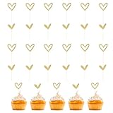 24 Stück Gold Herzen Kuchenaufsatz, Gold Glitter Herz Cupcake Topper Herzen Kuchenaufsatz, Kuchen Herzen Kuchenaufsatz für Hochzeit Verlobung Geburtstag