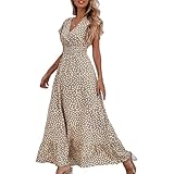 BSLVWG Damen Maxi Kleid Rüschen Blütenblatt Kurzarm V-Ausschnitt Floral Flowy Sommer Strand Urlaub Sundress Casual Langes Kleid (DE/NL/SE/PL, Alphanumerisch, XL, Regular, Regular, Khaki)
