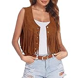 Generisch Damen Faux Wildleder Cowboy Ärmellos Weste Cardigan Jacke mit Fransen Weich Cowgirl Weste Kurze Fransenjacken Braun Weste mit Fransen Damen Retro Hippie-Kostüme 70er Fransenweste Auffällig