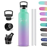HoneyHolly Trinkflasche 1L, BPA-Frei, Edelstahl Trinkflasche, Thermosflasche, Auslaufsichere Isolierflasche Doppelwandig, Wasserflasche Edelstahl, mit Strohhalm, Trinkflasche Kohlensäure Geeignet