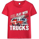 Jungen-T-Shirt für Kinder, kurzärmelig, Traktor, Bagger, Monstertruck, Tops, Kleidung, Baumwolle, 2–7 Jahre, 4# Rotes Feuerwehrauto, 3 Jahre