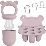 Baby Fruchtsauger & 3 Schnuller mit Eisform Set - Silikon Nahrungsschnuller mit Beißring, Fruchtschnuller für Obst & Gemüse, Eiswürfelform mit Deckel | Broemba