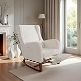 Schaukelstuhl mit Fußstütze, Stillsessel mit Lendenkissen und Seitentasche, Schaukelstuhl mit Beinen aus Massivholz, für Schlafzimmer, Wohnzimmer, Stoff, Velours, Beige