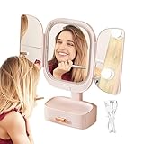 Beleuchteter Schminkspiegel faltbar – klappbarer Schminkspiegel | klappbarer Schminkspiegel | verstellbarer Schminkspiegel mit Schublade | Touch-Steuerung 3 Farben Kosmetikmodus