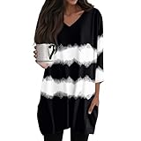 Longshirt Damen Elegant 3/4 Ärmel V-Ausschnitt Longtops Lässig Sommer Longbluse Sommer Oberteile Große Größen Tunika,Schwarz,XXL