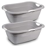 Wäschewanne XL, 2er Set, geschlossen, ergonomische Griffe, 68 x 46 x 25 cm, 38 Liter, Wäschekorb Plastik, Made in EU, grau