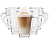 Glasmark KROSNO 1992 Gläser Set Kaffeegläser Teegläser Mit Henkel 6 Stück 300 ml Kaffee Tee Latte Glas Teetassen Glasbecher Trinkglas Spülmaschinengeeignet Iwo, Durchsichtig