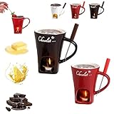 Schokofondue Tasse,Becher zum Schmelzen von Schokolade,fondue schokolade Keramik Schokoladenfondue Set,Fondue Set Mit Gabel Und Teelicht für Käse Schokolade Butter Karamell 10 Kerzen (Rot+Braun)