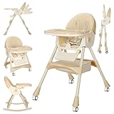 Umwandelbarer 6-in-1-Hochstuhl für Babys und Kleinkinder, faltbarer tragbarer Baby-Hochstuhl, kompakter verstellbarer faltbarer Babyhochstuhl für Säugling, Kleinkind, Baby, Jungen, Mädchen, mit Rollen